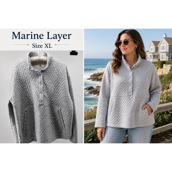 Marine Layer Sweaters - Marine Layer Quilted Pullover Jacket Gray Cozy Minimalist Athleisure XL Coastal